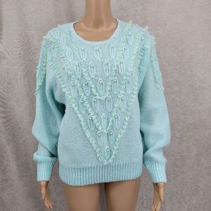 Debra Martin Vintage Women's Mint Blue Knit Sweater Lace Pearl Embellished
